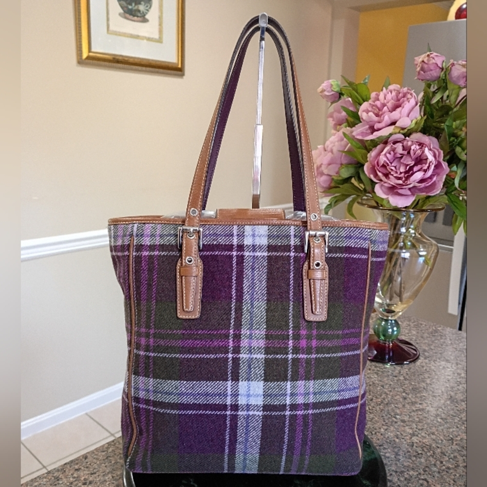 Coach Wool Plaid Purple Tote - Picture 3 of 16